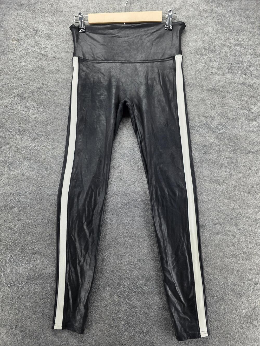 SPANX Leggings Womens M Black Ankle Faux Leather Side Stripe Stretch Activewear